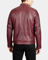 Mens Biker Leather Jacket Standing Collar Infinite Burgundy